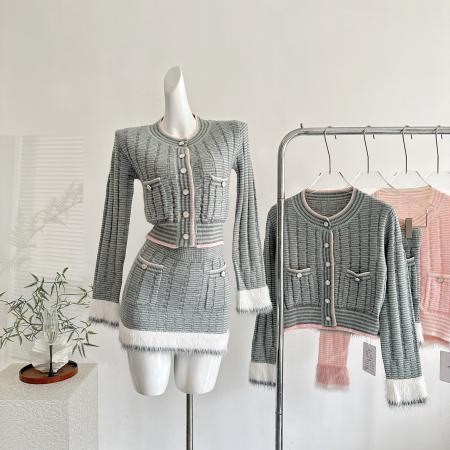 FA51251# 你的懒懒llan25B蓝花楹宽松拼接纱线毛感针织上衣+半裙套装 服裝批發女裝批發服飾貨源