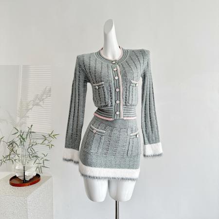 FA51251# 你的懒懒llan25B蓝花楹宽松拼接纱线毛感针织上衣+半裙套装 服裝批發女裝批發服飾貨源