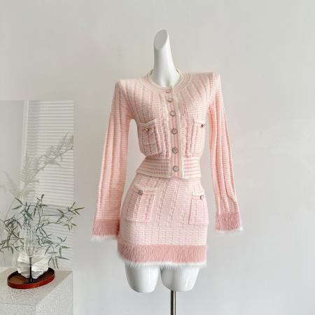 FA51251# 你的懒懒llan25B蓝花楹宽松拼接纱线毛感针织上衣+半裙套装 服裝批發女裝批發服飾貨源