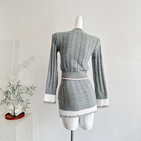 FA51251# 你的懒懒llan25B蓝花楹宽松拼接纱线毛感针织上衣+半裙套装 服裝批發女裝批發服飾貨源