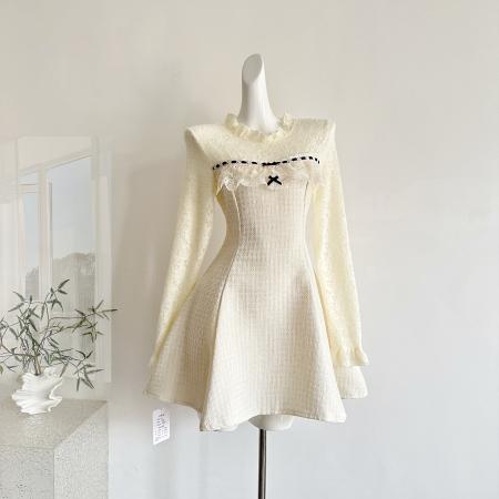 FA51253# 雪绒香榭/千金感小香风蕾丝花边精致年会连衣裙 服裝批發女裝批發服飾貨源