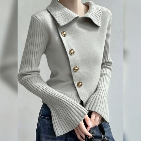 FA51254# 冬季轻奢翻领针织衫流行百搭纯色上衣优雅气质毛衣时尚加厚女 服裝批發女裝批發服飾貨源