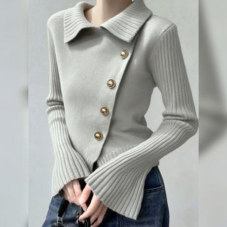 FA51254# 冬季轻奢翻领针织衫流行百搭纯色上衣优雅气质毛衣时尚加厚女 服裝批發女裝批發服飾貨源