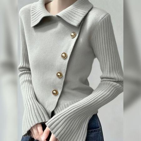 FA51254# 冬季轻奢翻领针织衫流行百搭纯色上衣优雅气质毛衣时尚加厚女 服裝批發女裝批發服飾貨源