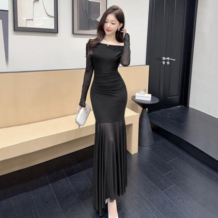 FA51256# 设计感露肩长袖小黑裙女收腰显瘦网纱拼接鱼尾裙约会派对长裙 服裝批發女裝批發服飾貨源