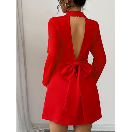 FA51257# 女士秋冬季时尚优雅西装领双排扣V领露背大蝴蝶结长袖短款连衣裙 服裝批發女裝批發服飾貨源