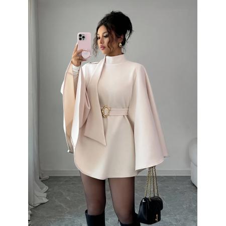 FA51260# 女士秋冬季新款时尚优雅立领收腰喇叭袖纯色斗篷式毛呢大衣外套 服裝批發女裝批發服飾貨源