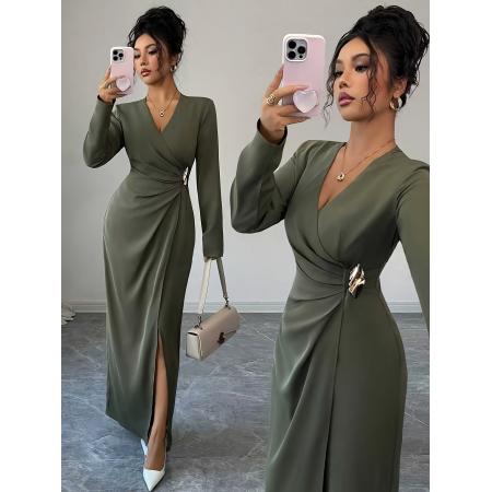 FA51261# 女士秋冬季纯色优雅V领褶皱收腰开衩设计金属扣装饰长袖连衣裙 服裝批發女裝批發服飾貨源