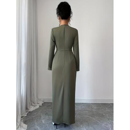 FA51261# 女士秋冬季纯色优雅V领褶皱收腰开衩设计金属扣装饰长袖连衣裙 服裝批發女裝批發服飾貨源