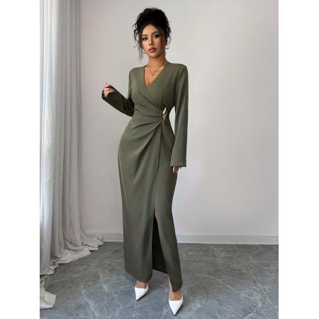 FA51261# 女士秋冬季纯色优雅V领褶皱收腰开衩设计金属扣装饰长袖连衣裙 服裝批發女裝批發服飾貨源