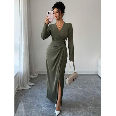 FA51261# 女士秋冬季纯色优雅V领褶皱收腰开衩设计金属扣装饰长袖连衣裙 服裝批發女裝批發服飾貨源