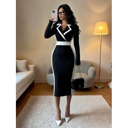 FA51262# 女士秋季新款优雅撞色西装领修身长袖中长款连衣裙 服裝批發女裝批發服飾貨源