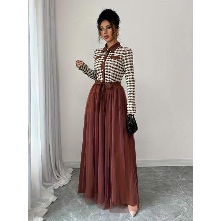 FA51263# 女士秋冬款优雅浪漫撞色网眼面料A字长袖长款连衣裙适合日常派对 服裝批發女裝批發服飾貨源