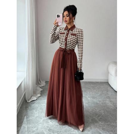 FA51263# 女士秋冬款优雅浪漫撞色网眼面料A字长袖长款连衣裙适合日常派对 服裝批發女裝批發服飾貨源