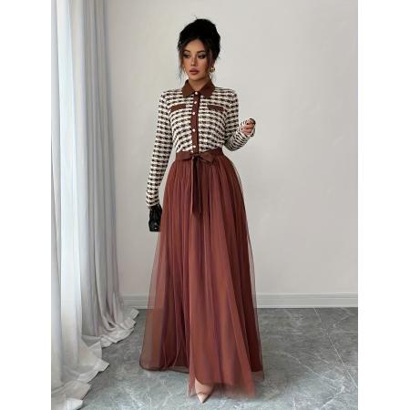 FA51263# 女士秋冬款优雅浪漫撞色网眼面料A字长袖长款连衣裙适合日常派对 服裝批發女裝批發服飾貨源