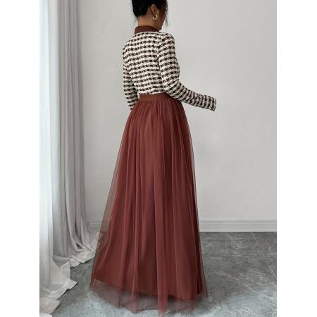 FA51263# 女士秋冬款优雅浪漫撞色网眼面料A字长袖长款连衣裙适合日常派对 服裝批發女裝批發服飾貨源