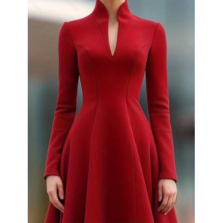 FA51264# 女士春秋季时尚优雅纯色立领修身长袖连衣裙适合休闲商务办公约会 服裝批發女裝批發服飾貨源