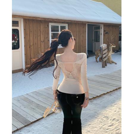 FA51265# 蕾丝拼接v领打底衫御姐美背露背收腰女上衣 服裝批發女裝批發服飾貨源