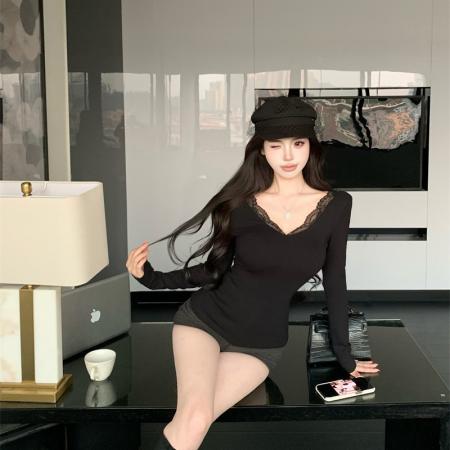 FA51265# 蕾丝拼接v领打底衫御姐美背露背收腰女上衣 服裝批發女裝批發服飾貨源
