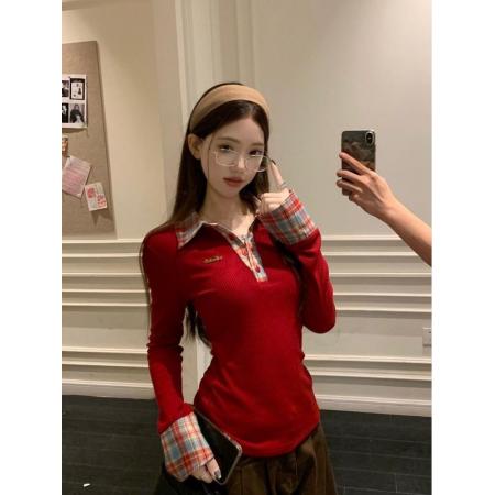 FA51267# 圣诞氛围感假两件格子打底衫女秋冬美式辣妹独特别致内搭长袖上衣 服裝批發女裝批發服飾貨源