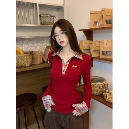 FA51267# 圣诞氛围感假两件格子打底衫女秋冬美式辣妹独特别致内搭长袖上衣 服裝批發女裝批發服飾貨源