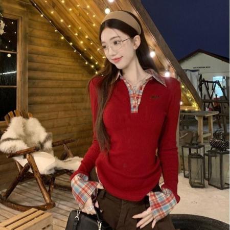 FA51267# 圣诞氛围感假两件格子打底衫女秋冬美式辣妹独特别致内搭长袖上衣 服裝批發女裝批發服飾貨源