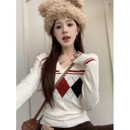 FA51268# 辣妹复古撞色菱格针织毛衣女秋冬修身套头上衣设计感小众显瘦长袖 服裝批發女裝批發服飾貨源