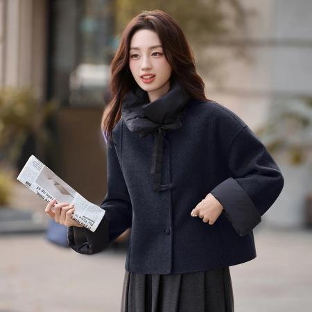 FA51270# 女式短款加厚毛呢外套秋冬新款高端翻领拼接毛呢宽松时尚外套 服裝批發女裝批發服飾貨源