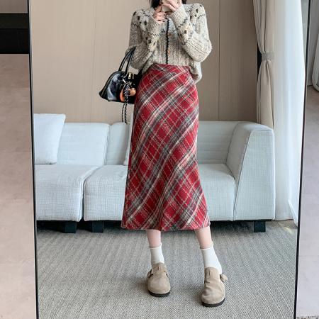 FA51274# 秋冬季韩版毛呢高腰格子长裙chi格子中长半身裙女 服裝批發女裝批發服飾貨源