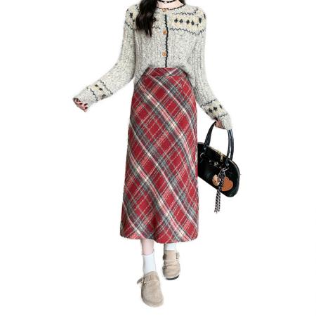 FA51274# 秋冬季韩版毛呢高腰格子长裙chi格子中长半身裙女 服裝批發女裝批發服飾貨源