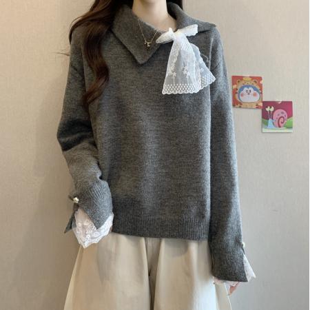 FA51276# 新款长袖宽松微胖大码女装灰色慵懒针织毛衣女秋冬设计感显瘦上衣 服裝批發女裝批發服飾貨源