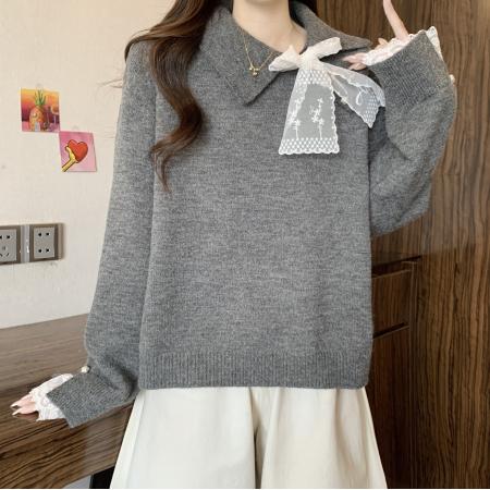 FA51276# 新款长袖宽松微胖大码女装灰色慵懒针织毛衣女秋冬设计感显瘦上衣 服裝批發女裝批發服飾貨源