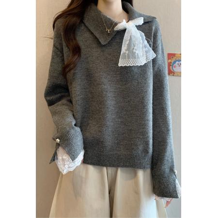 FA51276# 新款长袖宽松微胖大码女装灰色慵懒针织毛衣女秋冬设计感显瘦上衣 服裝批發女裝批發服飾貨源