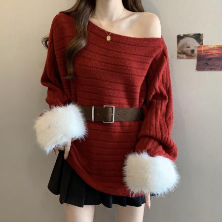 FA51277# 韩版斜肩蝙蝠袖套头毛衣女秋冬季高级感气质宽松红色露肩针织上衣 服裝批發女裝批發服飾貨源