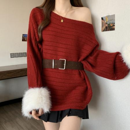 FA51277# 韩版斜肩蝙蝠袖套头毛衣女秋冬季高级感气质宽松红色露肩针织上衣 服裝批發女裝批發服飾貨源