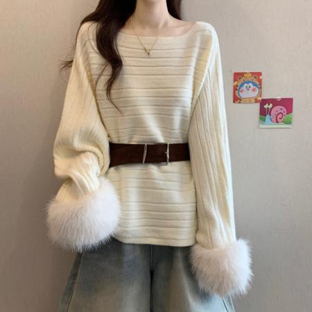 FA51277# 韩版斜肩蝙蝠袖套头毛衣女秋冬季高级感气质宽松红色露肩针织上衣 服裝批發女裝批發服飾貨源