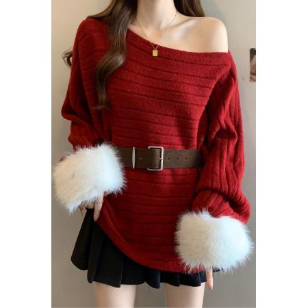 FA51277# 韩版斜肩蝙蝠袖套头毛衣女秋冬季高级感气质宽松红色露肩针织上衣 服裝批發女裝批發服飾貨源