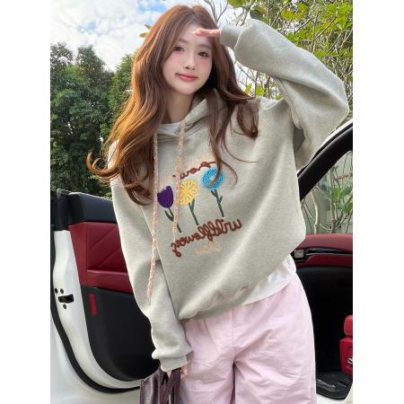 FA51278# 韩式休闲风花朵刺绣连帽加绒卫衣女长袖宽松上衣 服裝批發女裝批發服飾貨源