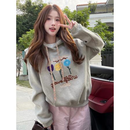 FA51278# 韩式休闲风花朵刺绣连帽加绒卫衣女长袖宽松上衣 服裝批發女裝批發服飾貨源