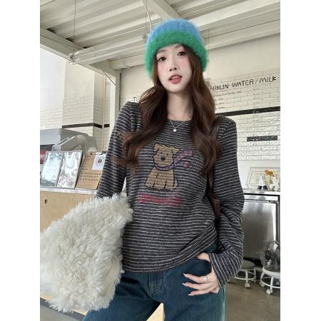 FA51279# 趣味字母小狗条纹磨毛长袖T恤女秋冬款套头上衣 服裝批發女裝批發服飾貨源