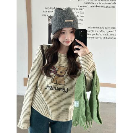 FA51279# 趣味字母小狗条纹磨毛长袖T恤女秋冬款套头上衣 服裝批發女裝批發服飾貨源