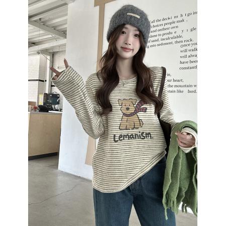 FA51279# 趣味字母小狗条纹磨毛长袖T恤女秋冬款套头上衣 服裝批發女裝批發服飾貨源