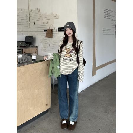 FA51279# 趣味字母小狗条纹磨毛长袖T恤女秋冬款套头上衣 服裝批發女裝批發服飾貨源