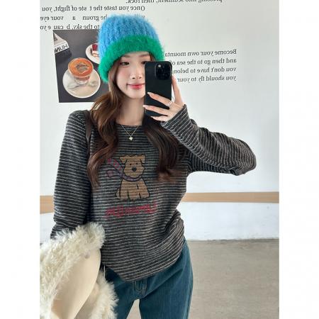 FA51279# 趣味字母小狗条纹磨毛长袖T恤女秋冬款套头上衣 服裝批發女裝批發服飾貨源