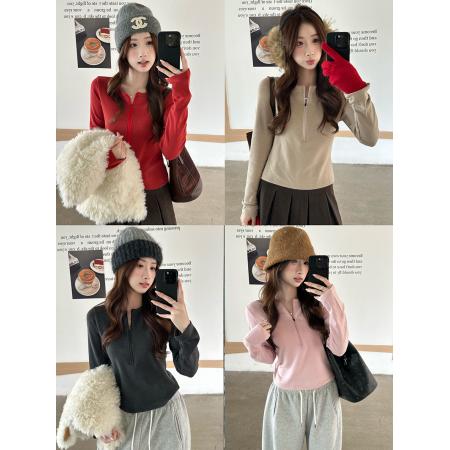 FA51281# 磨毛半开领拉链修身上衣女冬季内搭紧身显瘦长袖t恤 服裝批發女裝批發服飾貨源