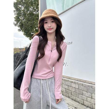 FA51281# 磨毛半开领拉链修身上衣女冬季内搭紧身显瘦长袖t恤 服裝批發女裝批發服飾貨源