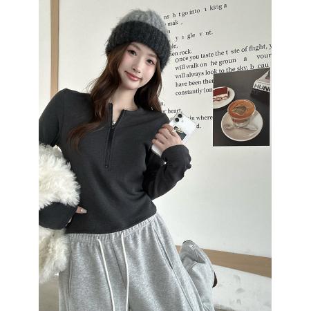 FA51281# 磨毛半开领拉链修身上衣女冬季内搭紧身显瘦长袖t恤 服裝批發女裝批發服飾貨源