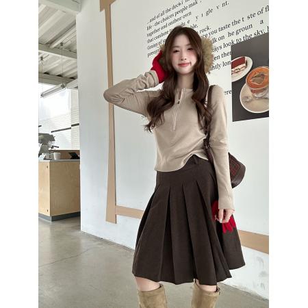 FA51281# 磨毛半开领拉链修身上衣女冬季内搭紧身显瘦长袖t恤 服裝批發女裝批發服飾貨源