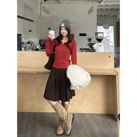 FA51281# 磨毛半开领拉链修身上衣女冬季内搭紧身显瘦长袖t恤 服裝批發女裝批發服飾貨源