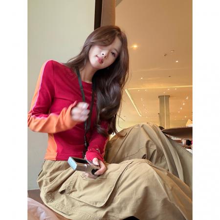 FA51283# 秋冬撞色拼接长袖t恤女内搭打底衫修身上衣女 服裝批發女裝批發服飾貨源
